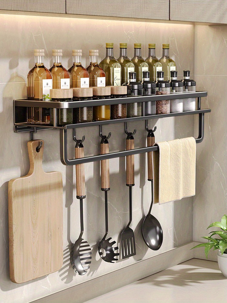 1pc multifunctional kitchen rack seasoning storage rack shelf rack wall mounted kitchen supplies spatula hook towel bar for kitchen bathroom item storage details 1