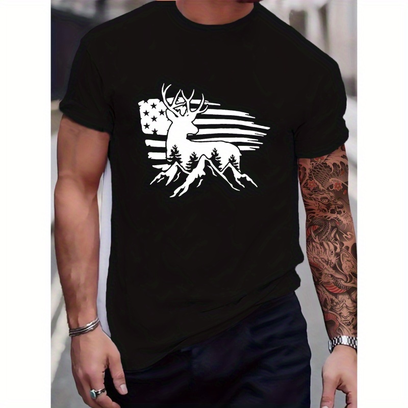 

Deer And Flag Print T Shirt, Tees For Men, Casual Short Sleeve T-shirt For Summer