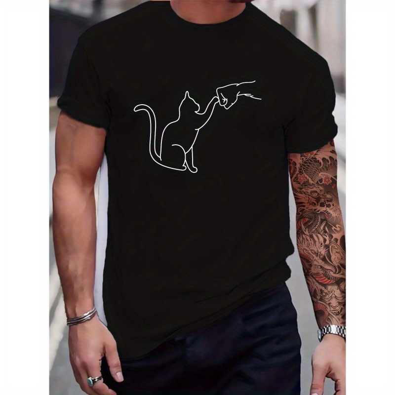 

Fist Bumping A Cat Print T Shirt, Tees For Men, Casual Short Sleeve T-shirt For Summer