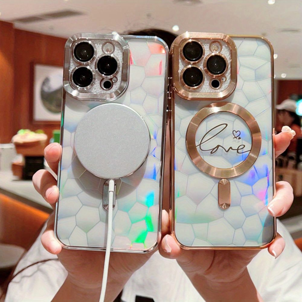 

Eyelet Magnetic Suction Transparent Double Love Electroplating + Laser Water Cube Phone Case For Phone15 14 13 12 11 Plus Pro Promax