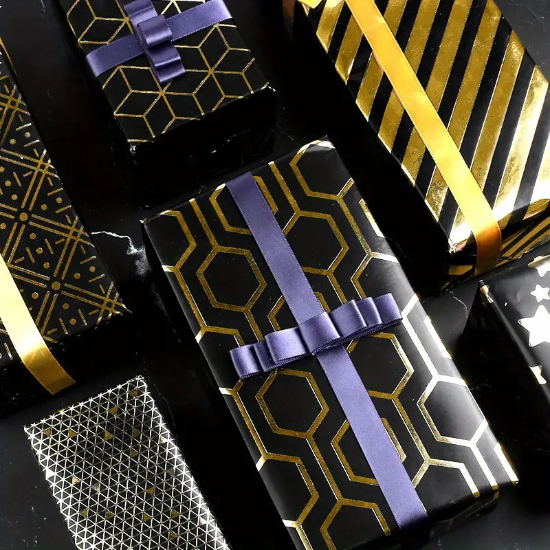 Black Golden Gift Wrapping Paper Geometric Pattern Bronzing - Temu