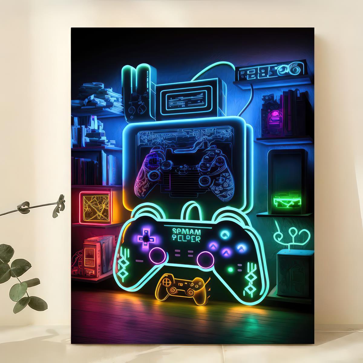 Gamer Neon Button Symdains Gaming Canvas Art Print Poster, Wall Art  Picture, Home Decoration, Living Room