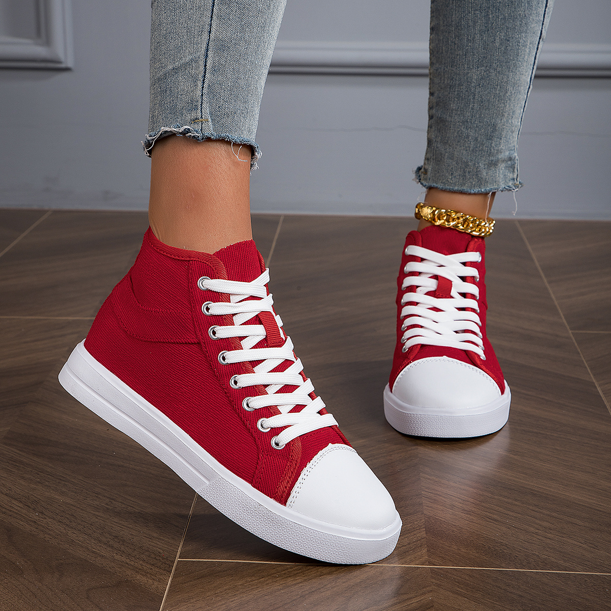 Red colour sale canvas shoes