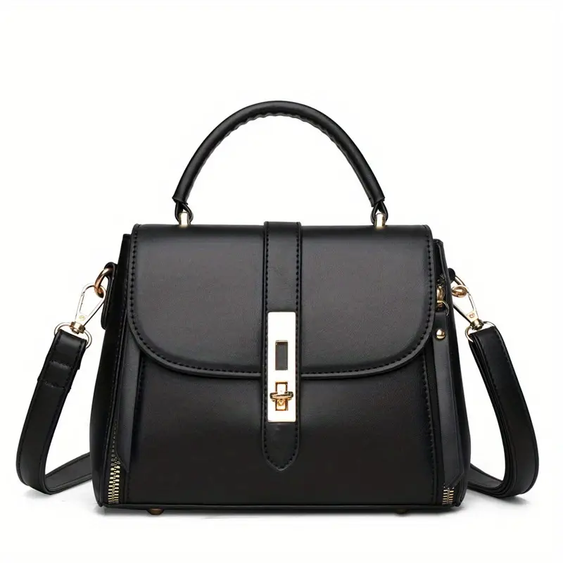 turn lock square handbag solid color crossbody bag womens pu leather flap purse details 6
