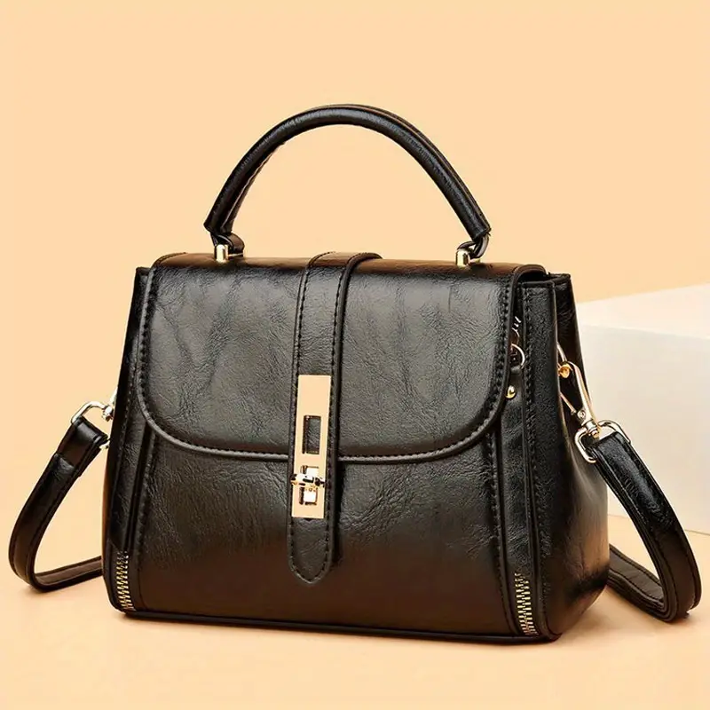 turn lock square handbag solid color crossbody bag womens pu leather flap purse details 5