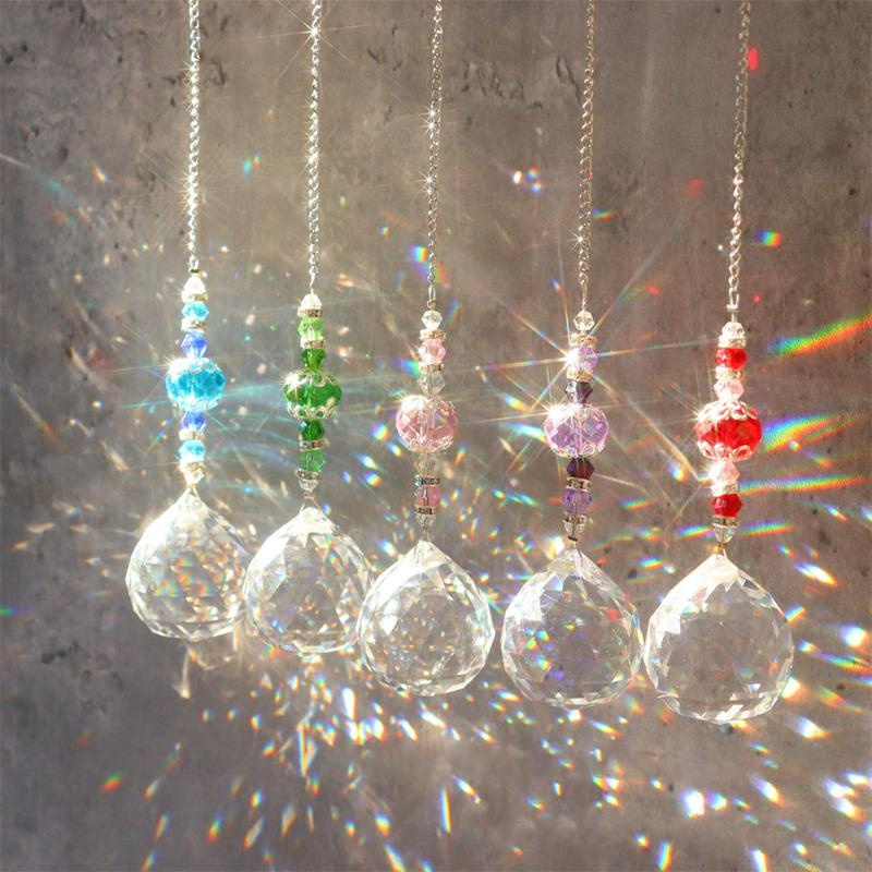 5PCS Window Hanging Crystal Suncatcher Beads Chain Sphere Chandelier Lamps  Light Pendant Curtain Wedding Decoration Gift festival decoration supplies  