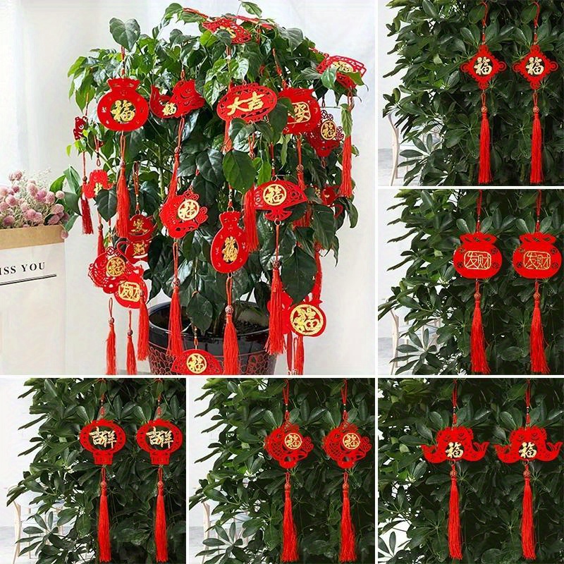 68Pcs Chinese New Year Hanging Ornaments 2024 Spring Festival Lucky Fu  Character Chinese Knot Pendant with Rope Traditional New Year Holiday