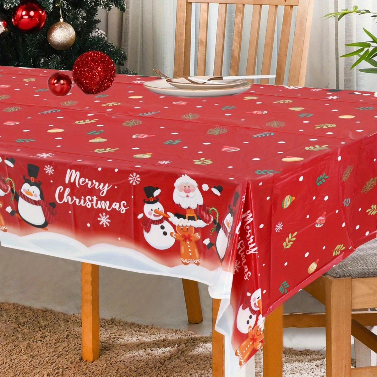 Polyester Tablecloth, Merry Christmas Table Cover, Snowman