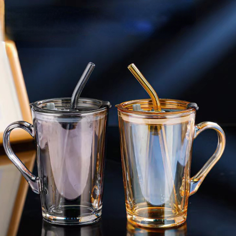 Glass Mug Square Cup with Lids and Straws Breakfast Milk Cup