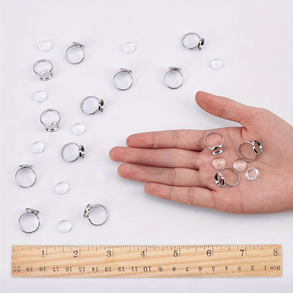 1 Box 40Pcs DIY 20 Sets Adjustable Stainless Steel Ring Base Clear Glass  Cabochon Settings for Jewelry Making Finger Rings Blanks Components Ring