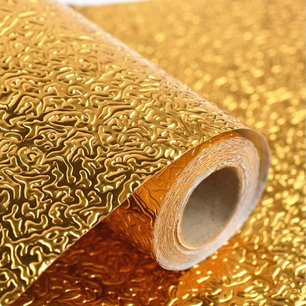 Self-adhesive Kitchen Wallpaper Roll Featuring Golden Oil-proof And Waterproof Aluminum Foil, Perfect For Backsplash, Stove, And Cabinet