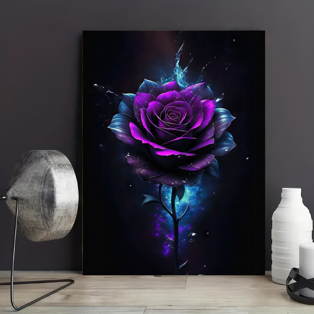 Rose - Flower Temu Rose Print Poster Purple Starry Black Canvas