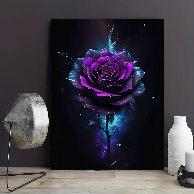Purple Rose Canvas Print Poster Starry Black Rose Flower - Temu