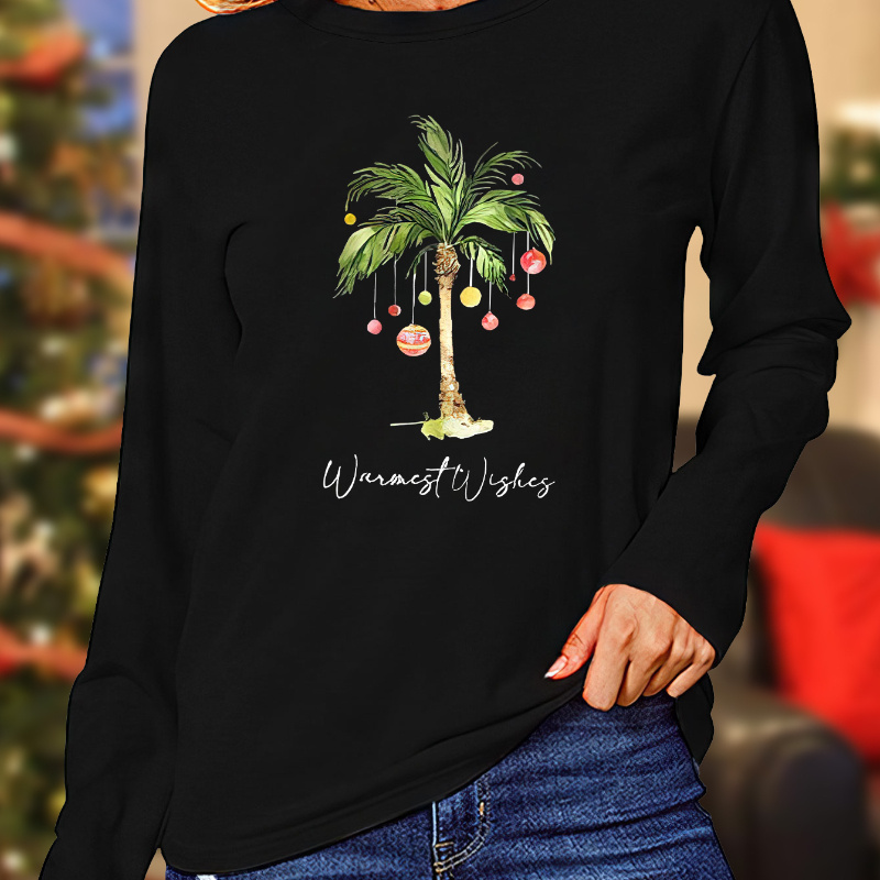 

Christmas Coconut Tree Print T-shirt, Casual Crew Neck Long Sleeve Top, Women's Clothing