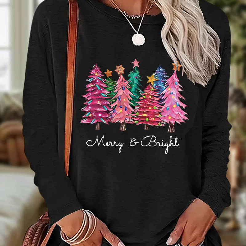 

Christmas Tree Print T-shirt, Casual Crew Neck Long Sleeve Top, Women's Clothing