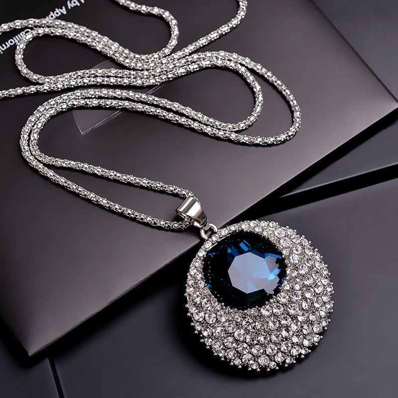 TEMU Elegant Blue Eye Pendant Necklace - Women's Long, Versatile Sweater Chain With Sparkling Rhinestone Accents, Alloy