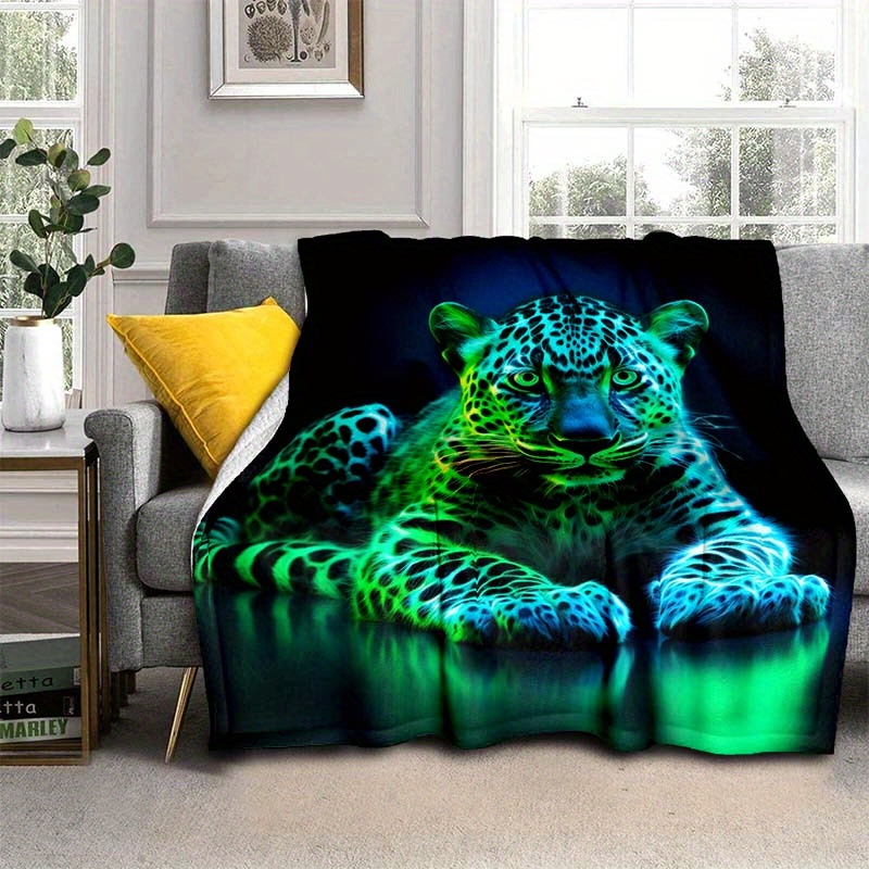 TEMU 1pc Fluorescent Leopard Thin Blanket - Lightweight Flannel Throw For Sofa, Bed, Travel, Camping, Livingroom, Office, Couch, Chair, And Bed -