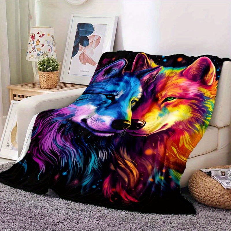 TEMU 1pc Colorful Snuggling Wolf Thin Blanket - Lightweight Flannel Throw For Sofa, Bed, Travel, Camping, Livingroom, Office, Couch, Chair, And Bed -