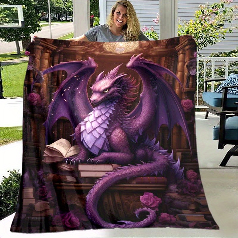 1pc Vintage Romantic Library Purple Dragon Thin Blanket Lightweight Flannel Throw For Sofa Bed Travel Camping Livingroom Office Couch Chair A