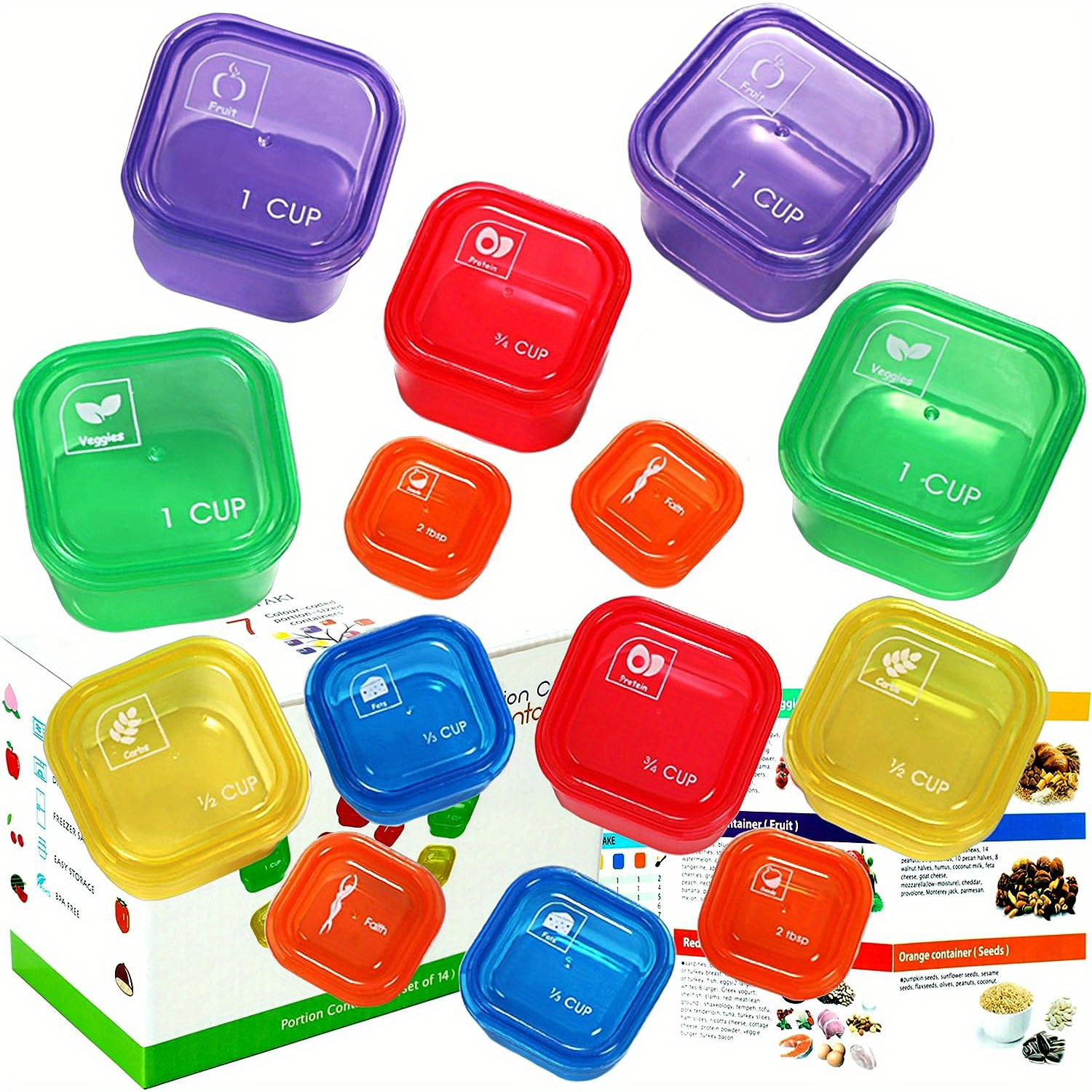 21 Day Lose Weight Portion Control Containers Kit 14 Pieces, BPA Free Food  Container Multi-Colors,Label-Engraved for Diet Planl