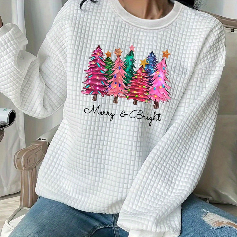 

Christmas Tree Print Waffle Sweatshirt, Casual Long Sleeve Crew Neck Sweatshirt, Women's Clothing