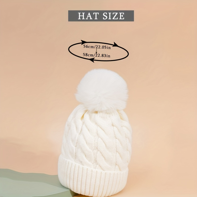 Solid Twisted Beanie Hat with Pom Poms, Fashionable Chunky Soft Warm Cable Knit Hat,Temu