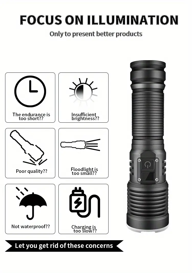 1pc outdoor strong light xhp70 led flashlight type c digital battery display telescopic zoom long range strong light flashlight details 1
