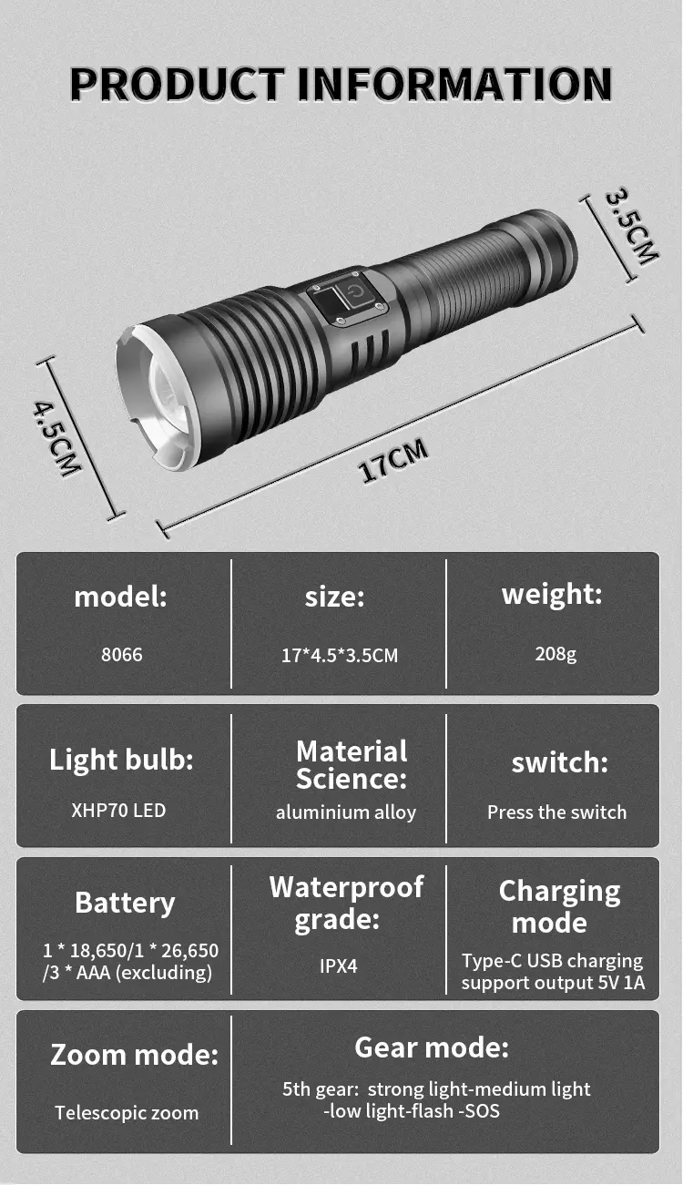 1pc outdoor strong light xhp70 led flashlight type c digital battery display telescopic zoom long range strong light flashlight details 15