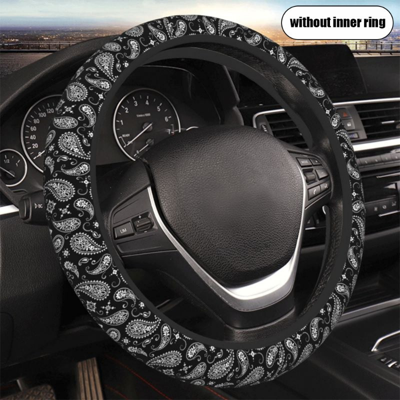 

1pc Black And White Paisley Pattern Automotive No Inner Ring Stretch Steering Wheel Cover 4 Seasons Universal Car Interior Accessories