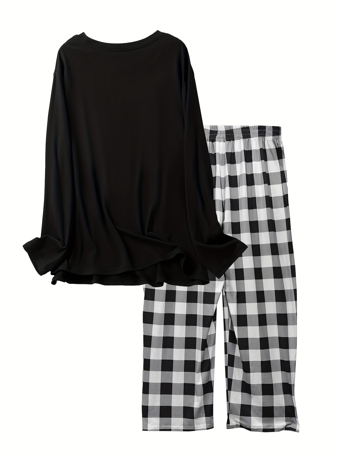 Plus Cat & Musical Notes Print Pajamas Set Crew Neck Tee & Plaid Pants 2 Piece