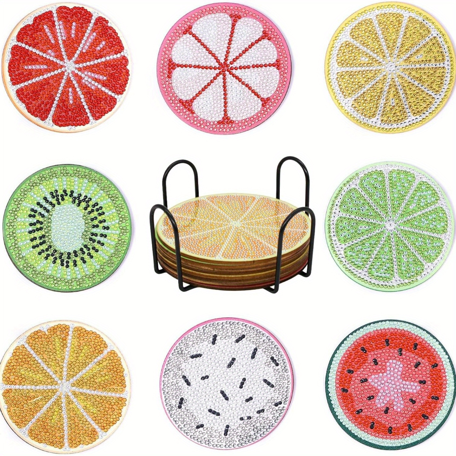 BSRESIN 8 Pcs Fruit Diamond Painting Coasters with Holder, Crafts
