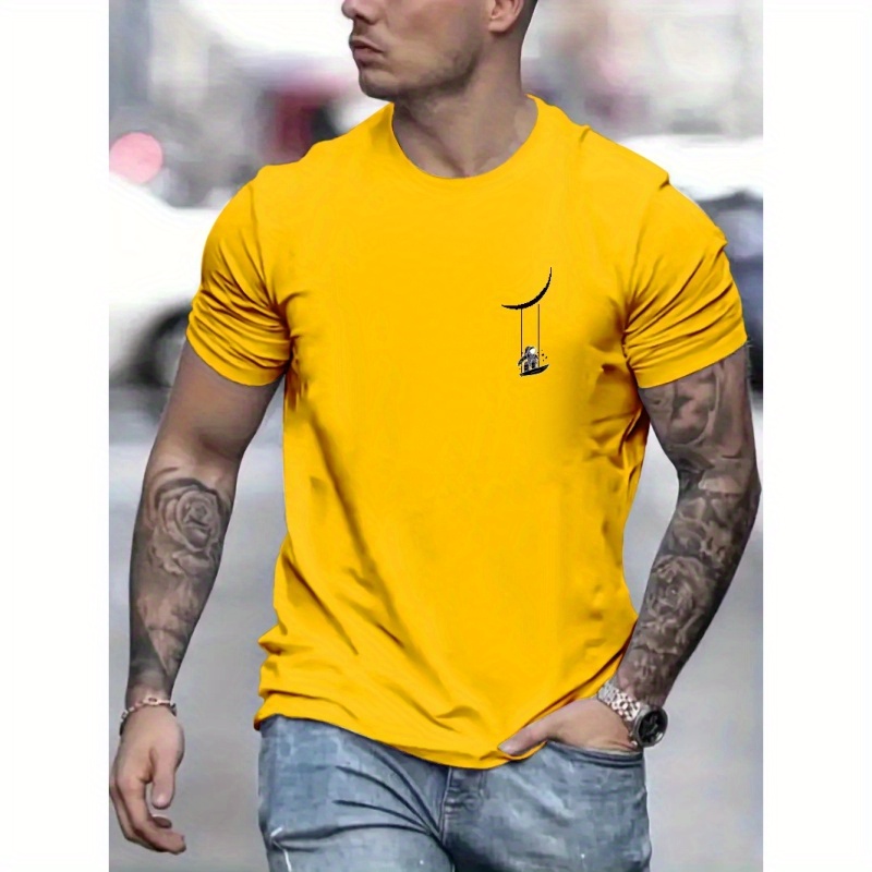 

Astronaut Print, Men's Trendy Comfy T-shirt, Casual Stretchy Breathable Tee For Outdoor Summer