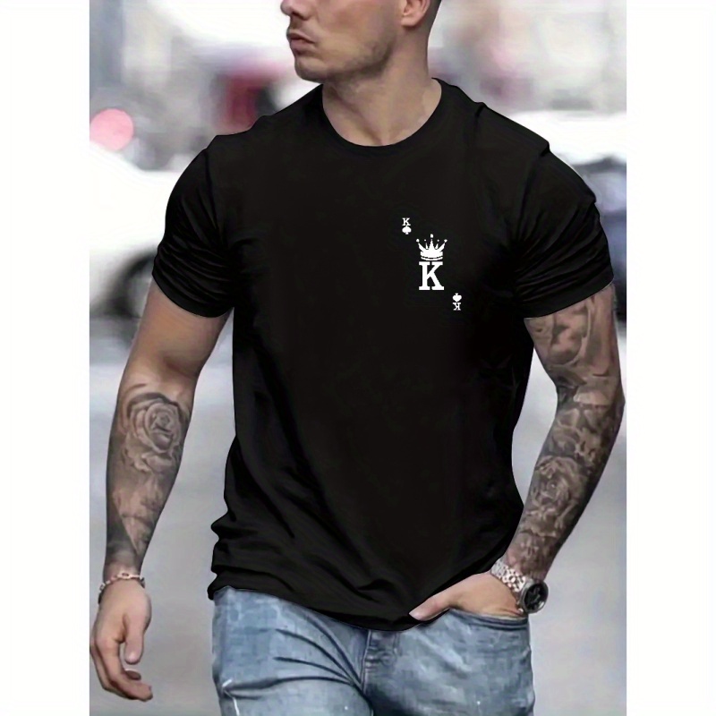 

Trendy Cool Crew Neck Tees For Men, Casual Poker Card K Print T-shirt, Short Sleeve T-shirt For Summer And Spring
