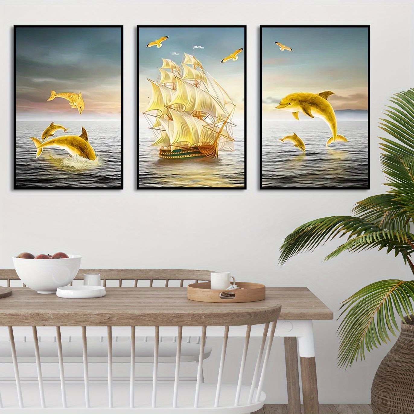 3pcs Pintura De Lienzo De Arte Abstracto Sin Marco De Velero Dorado, Arte  Para La Sala De Estar Cuadros Decorativos, Sin Marco, 15.7 * 23.6in / 40cm *