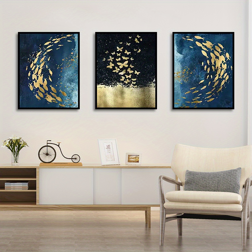 Golden Butterfly And Fish Cluster Canvas Print Wall Art, Wall