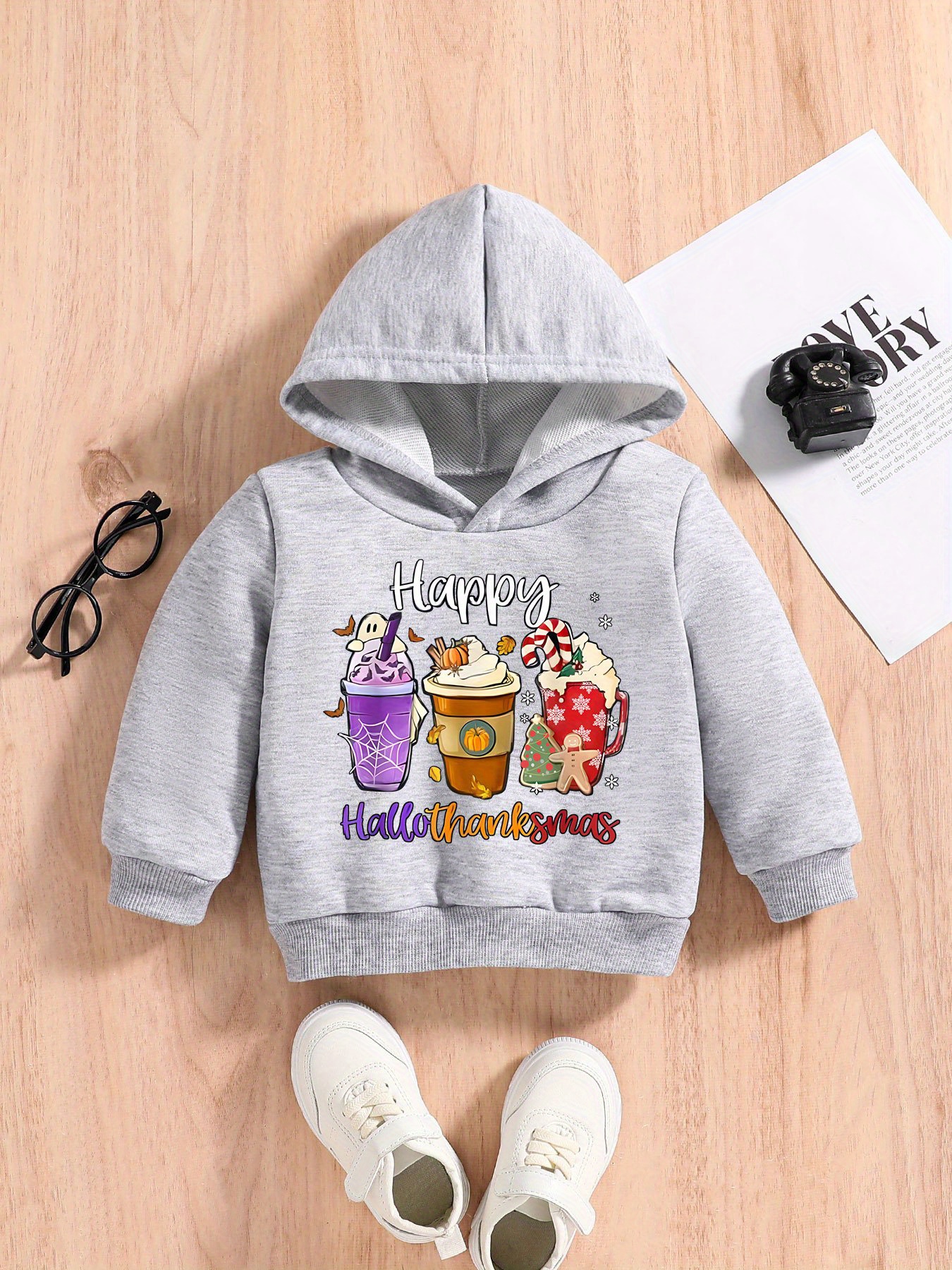 Cute Girls Holiday Beverages Print Casual Long Sleeve Hooded - Temu