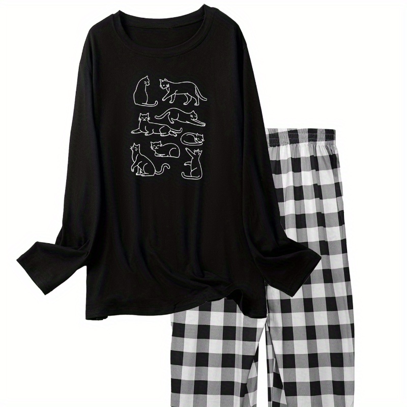 

Cartoon Cats Print Pajama Set, Long Sleeve Crew Neck Top & Plaid Print Pants, Women's Sleepwear & Loungewear