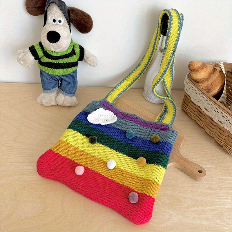 Rainbow Crochet Bag For Women, Cute Knitted Shoulder Bags, Clouds