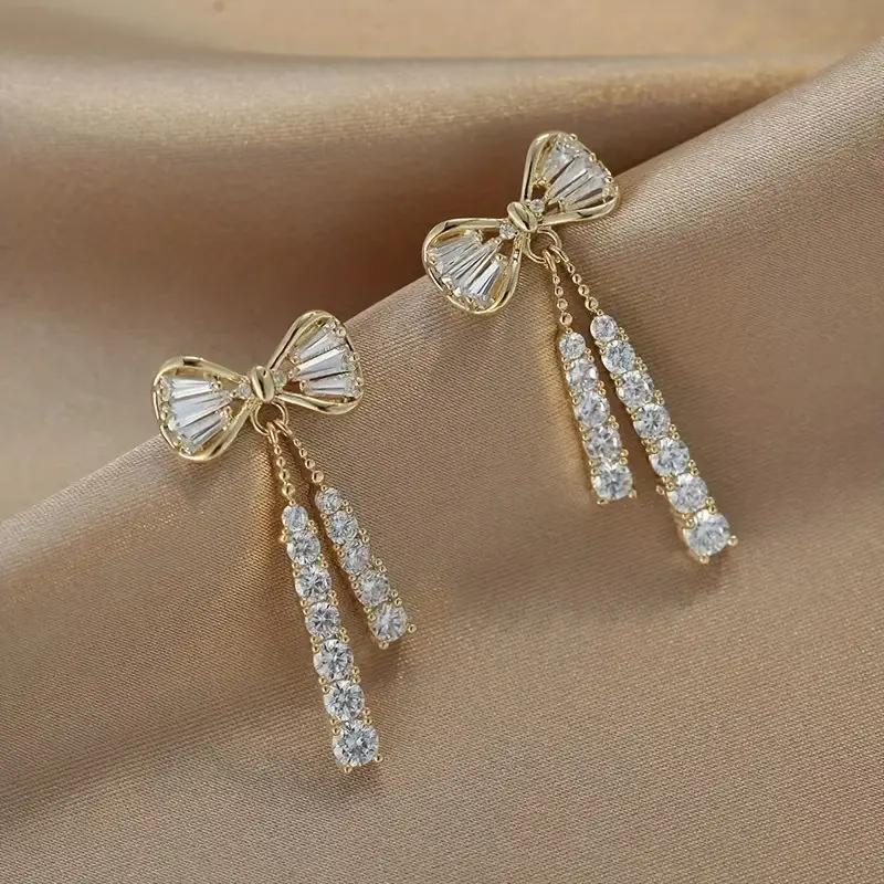 Elegant Shiny Bow Tassel Stud Earrings, Zirconia And Synthetic Crystal  Decor Earrings, Elegant Party Jewelry - Temu