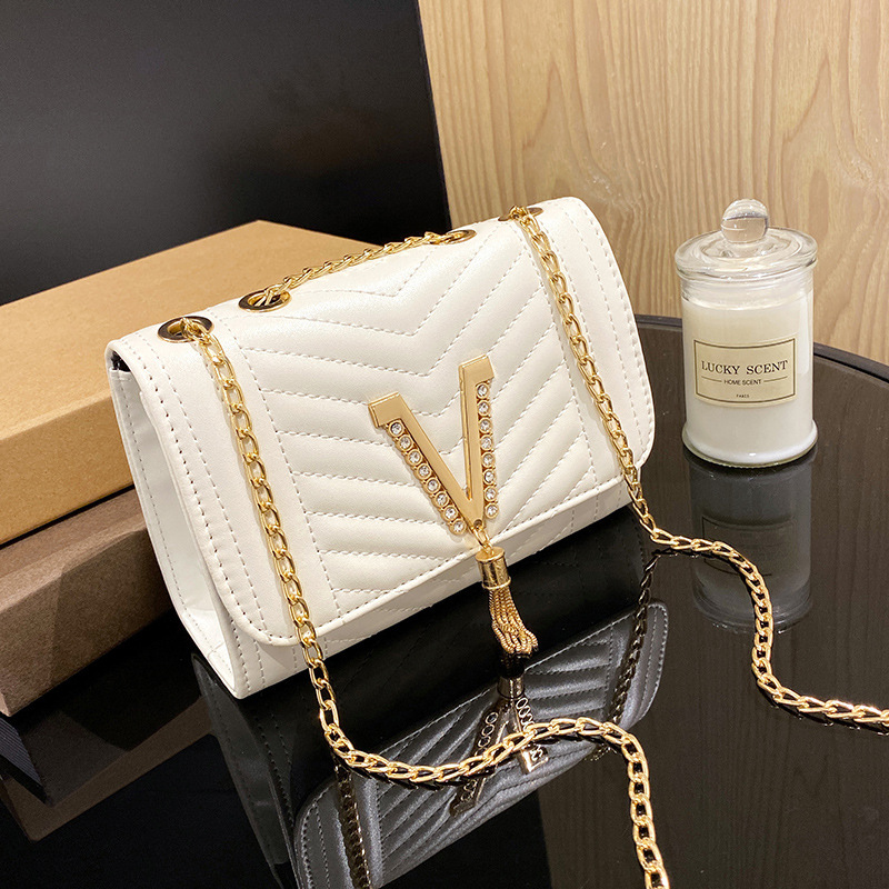 Image of New Fashionable Travel Versatile Striped Embroidery Chain Bag, Hardware Tassel Design Casual Shoulder Crossbody Bag, Embroidery, Chain Bag