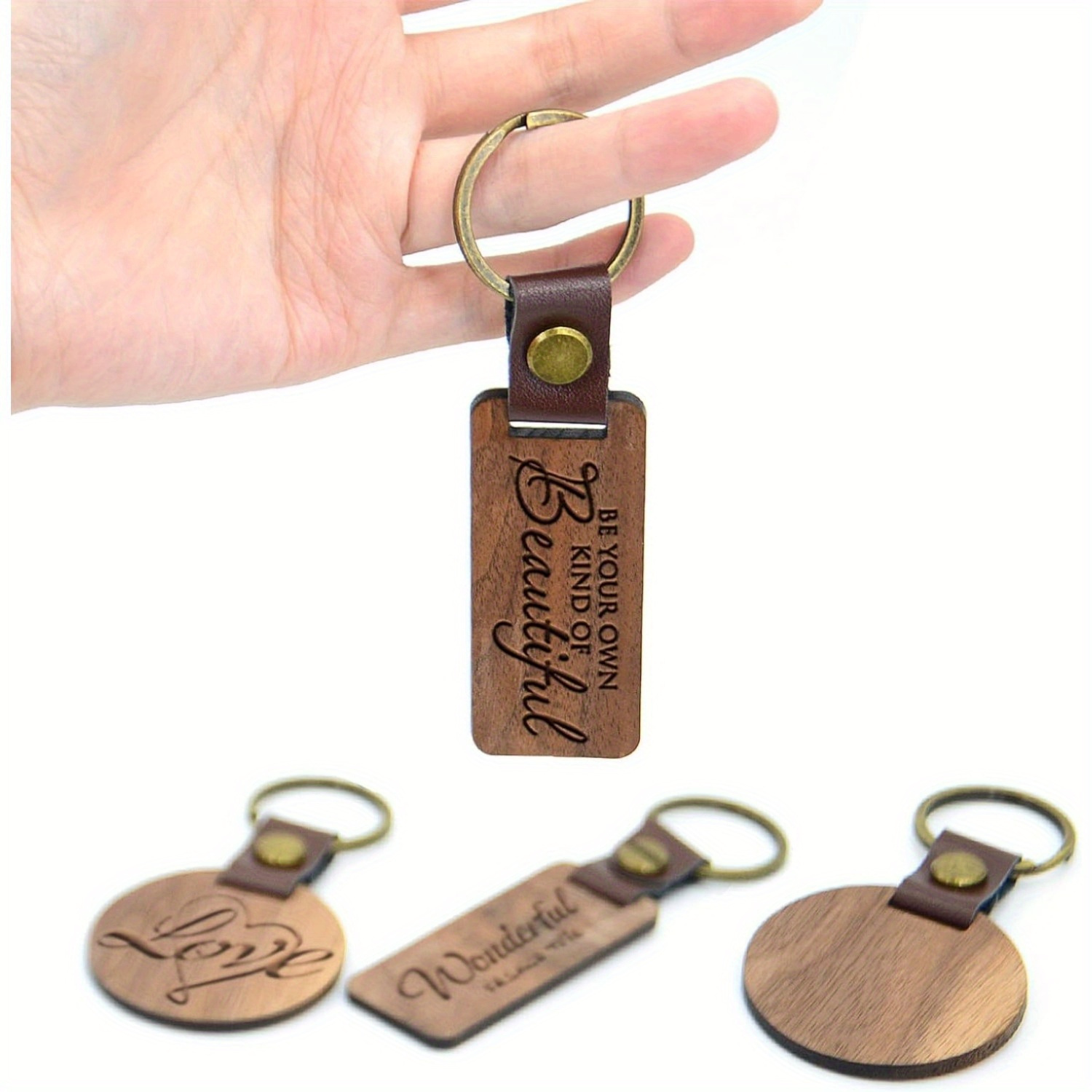 Freeshipping Promotion Souvenir Gift Custom Logo Portable Straps Leather  Keychain Walnut Maple Blank Wood Laser Engraving Keychains