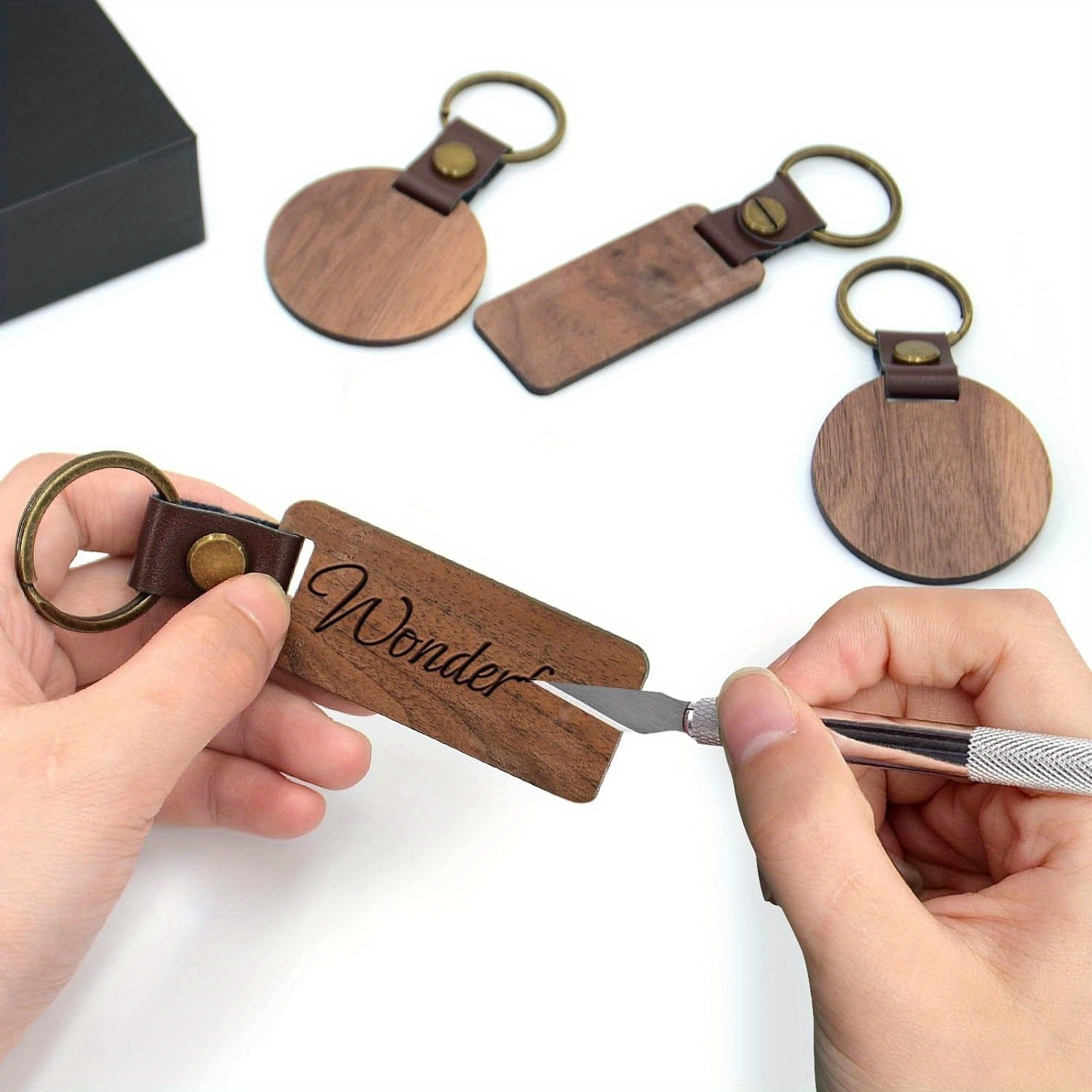 Temu 10pcs Walnut Wood Keychain Blanks - Wooden Keychain, Laser Engraved Keyring, Birthday Gift, Real Leather Keychain Strap, Best Gifts Ever
