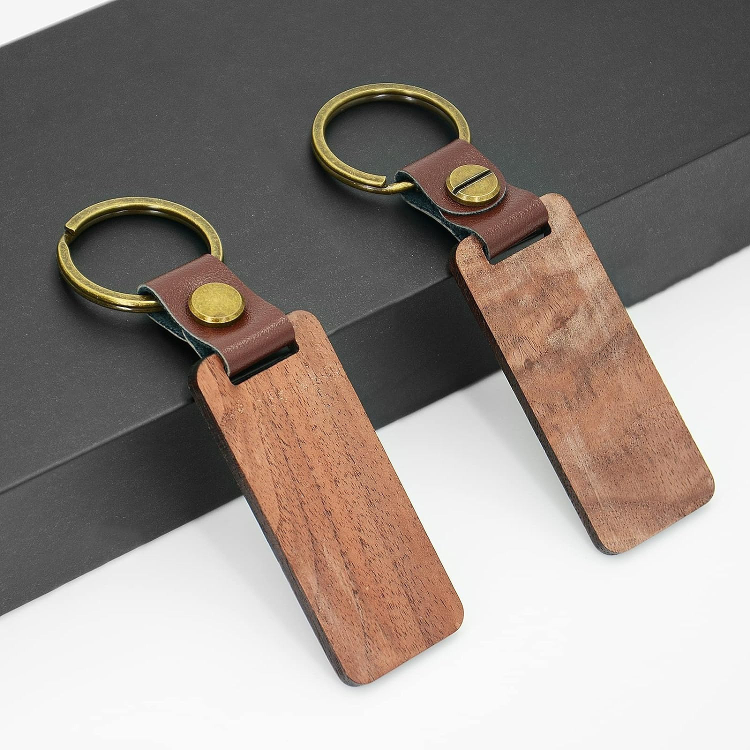 50 Pcs Leather Keychain Blanks Wooden Keychain Blanks Wood Keychain Blank  Unfinished Wood Tags with Leather Strap Keyring (Walnut)
