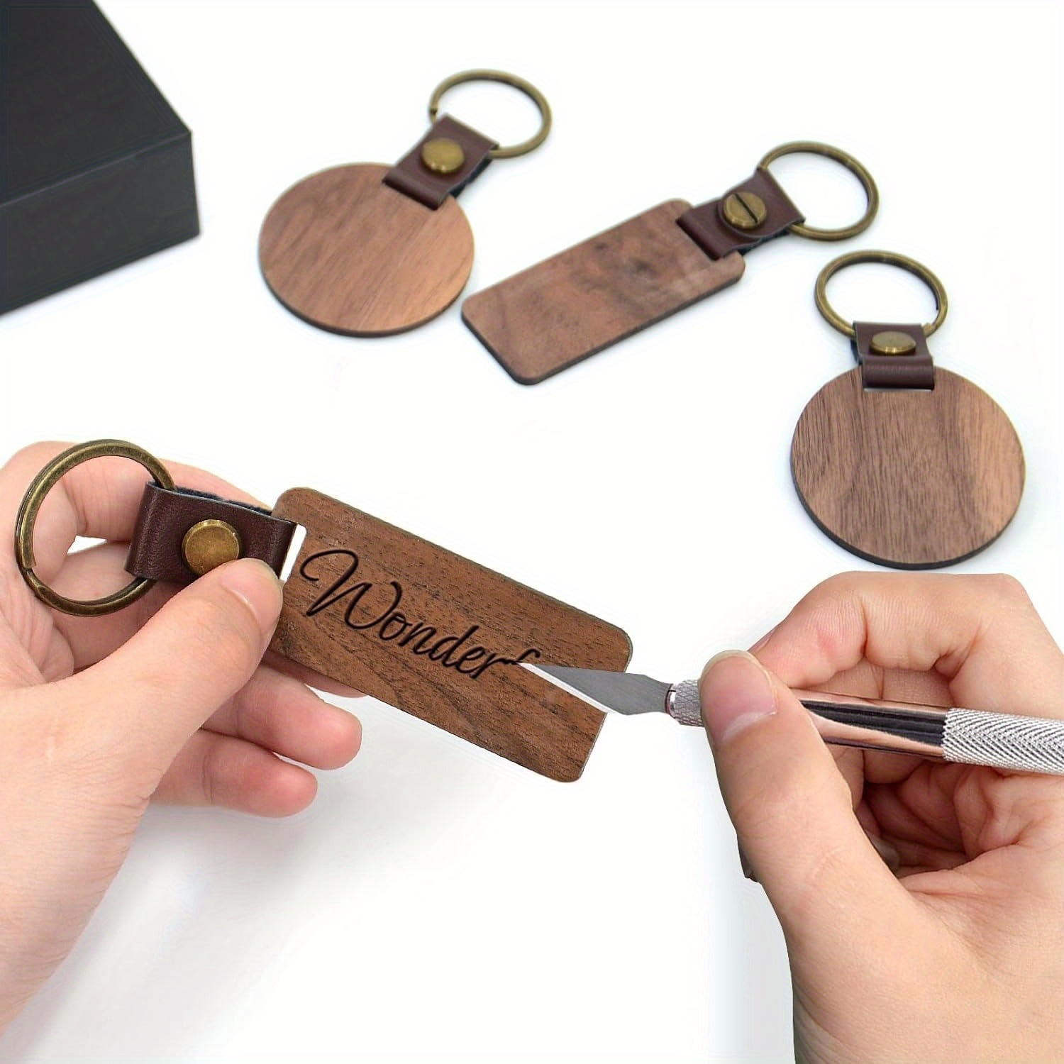Ecally 48 Pcs Wooden Keychain Blanks Leather Strap Wood Keychain