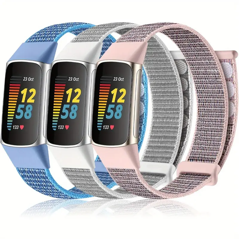 3pcs/set, Band Compatible With Fitbit Charge 6/ Charge 5 Bands For Women  Men, Replacement For Charge 6 Charge 5 Band Nylon Hook-and-loop Fastener  Wris