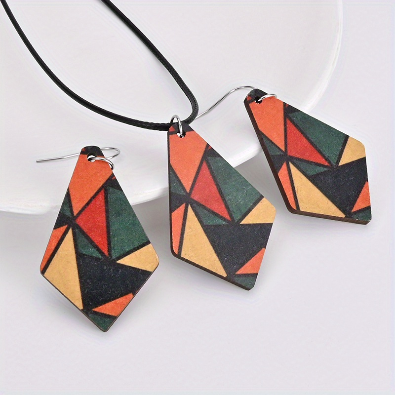

1 Pair Of Earrings + 1 Necklace Vintage Jewelry Set Wooden Geometric Design Match Daily Outfits Party Accessories Perfect Decor For Fall & Winter