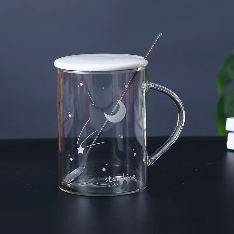 1pc Glass Cup With Straw And Handle, Scale Cup With Lid And Spoon