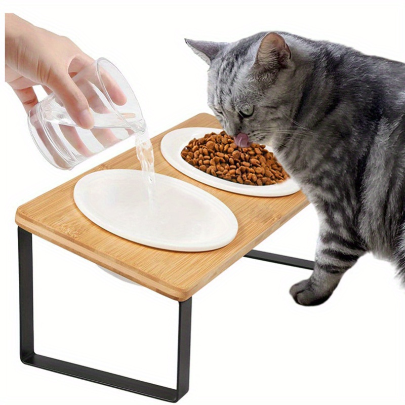 WANTRYAPET Ceramic Raised Cat Bowl with Wood Stand,Elevated Food or Water  Bowls,Pet Food Water