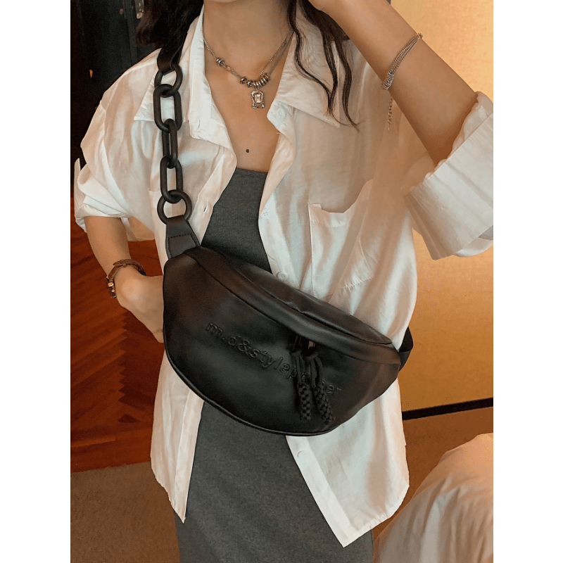 TEMU Letter Pattern Fanny Pack, Trendy Chain Crossbody Bag, Pu Leather Chest Bag For Street Wear