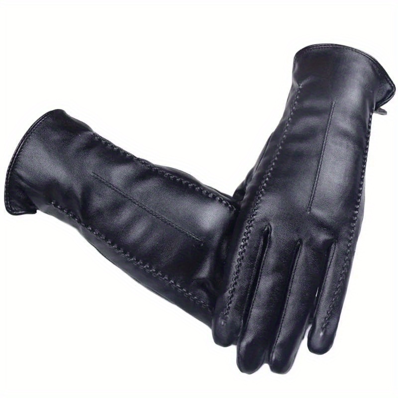 Stylish Black PU Leather Gloves Short Tighten Cuff Velvet Lined Warm Gloves  Winter Coldproof Waterproof Touchscreen Gloves